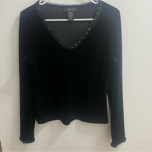 Vintage 90’s Willi Smith‎ Black Velvet V-Neck Blouse Ruffle Sequin Hem Medium - Picture 1 of 6